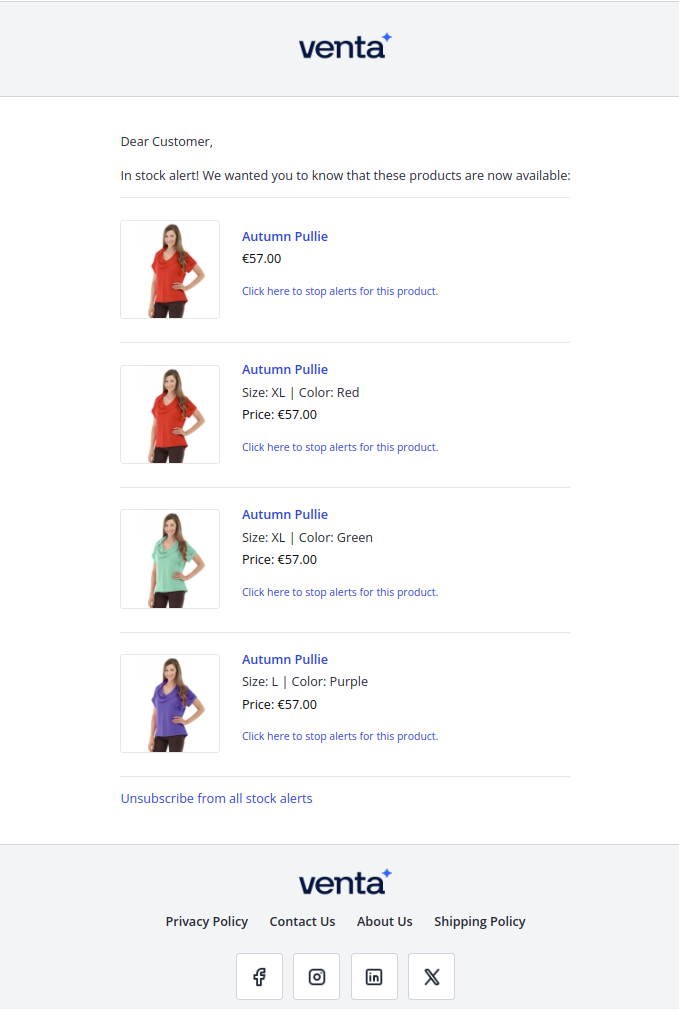 Stock alert email example with multiple products