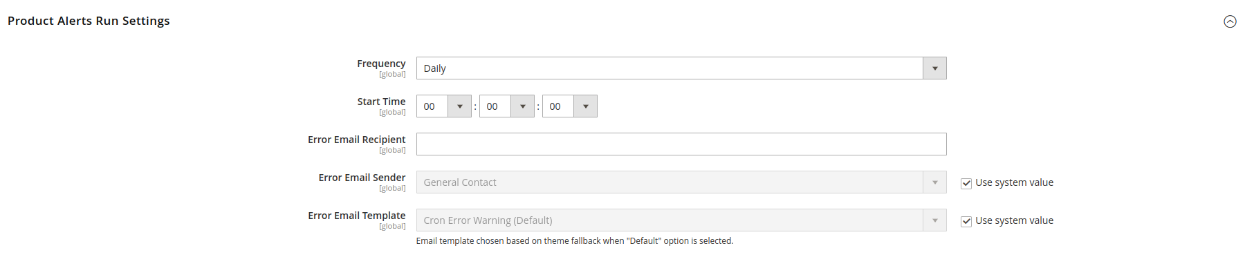 Magento Product Alerts configuration screen