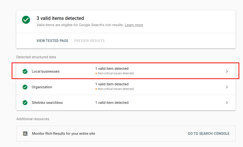 Local Business Schema Results