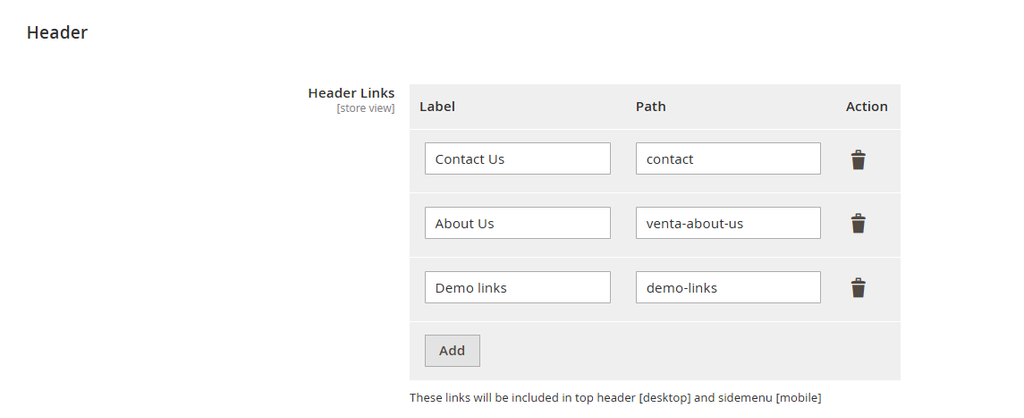Header Links Configuration