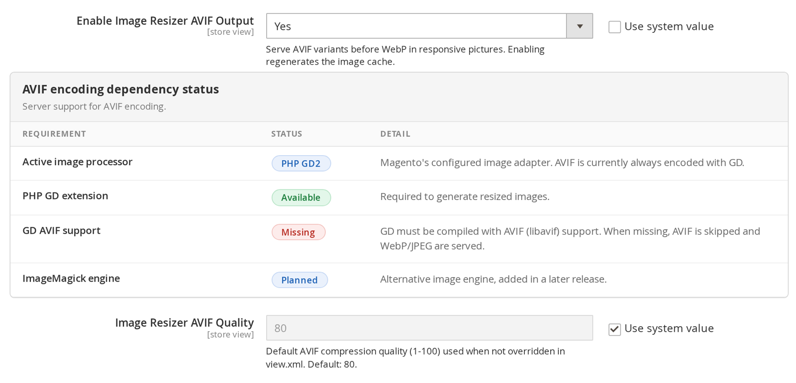 AVIF encoding dependency status when GD AVIF support is missing