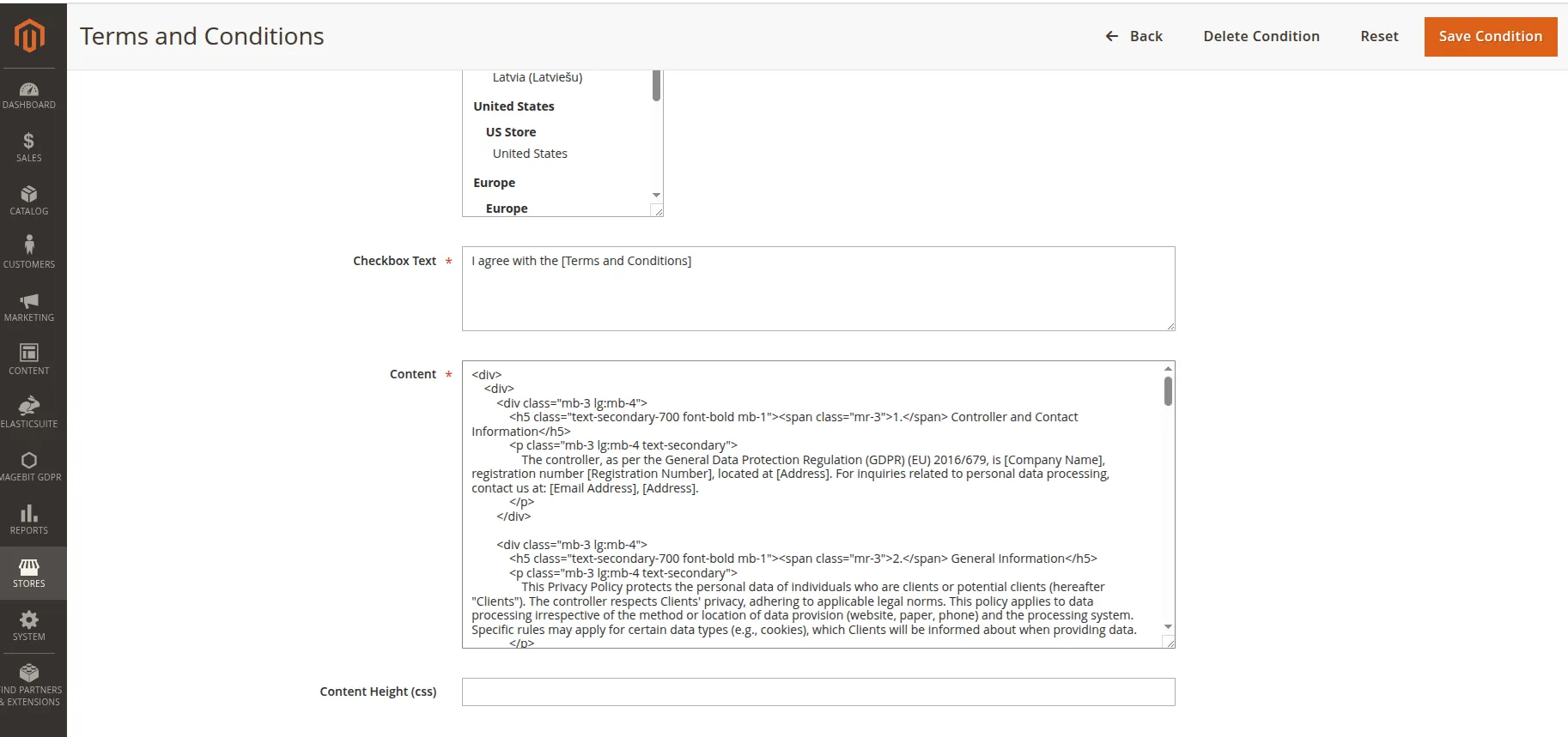 Agreement edit form showing Store View, Checkbox Text and Content