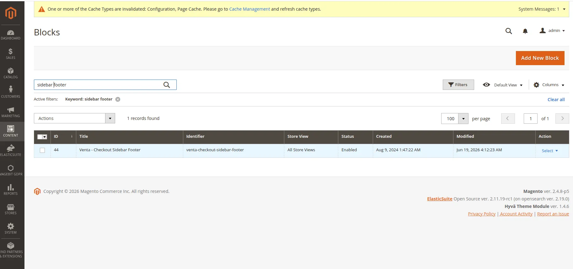 Venta Checkout Sidebar Footer block in the Blocks grid
