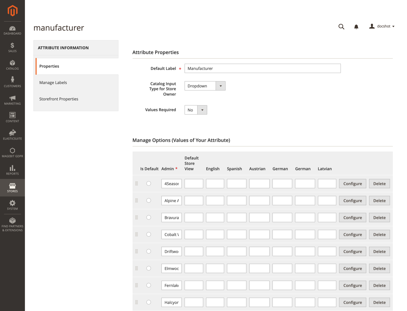 Configure button on the attribute options grid