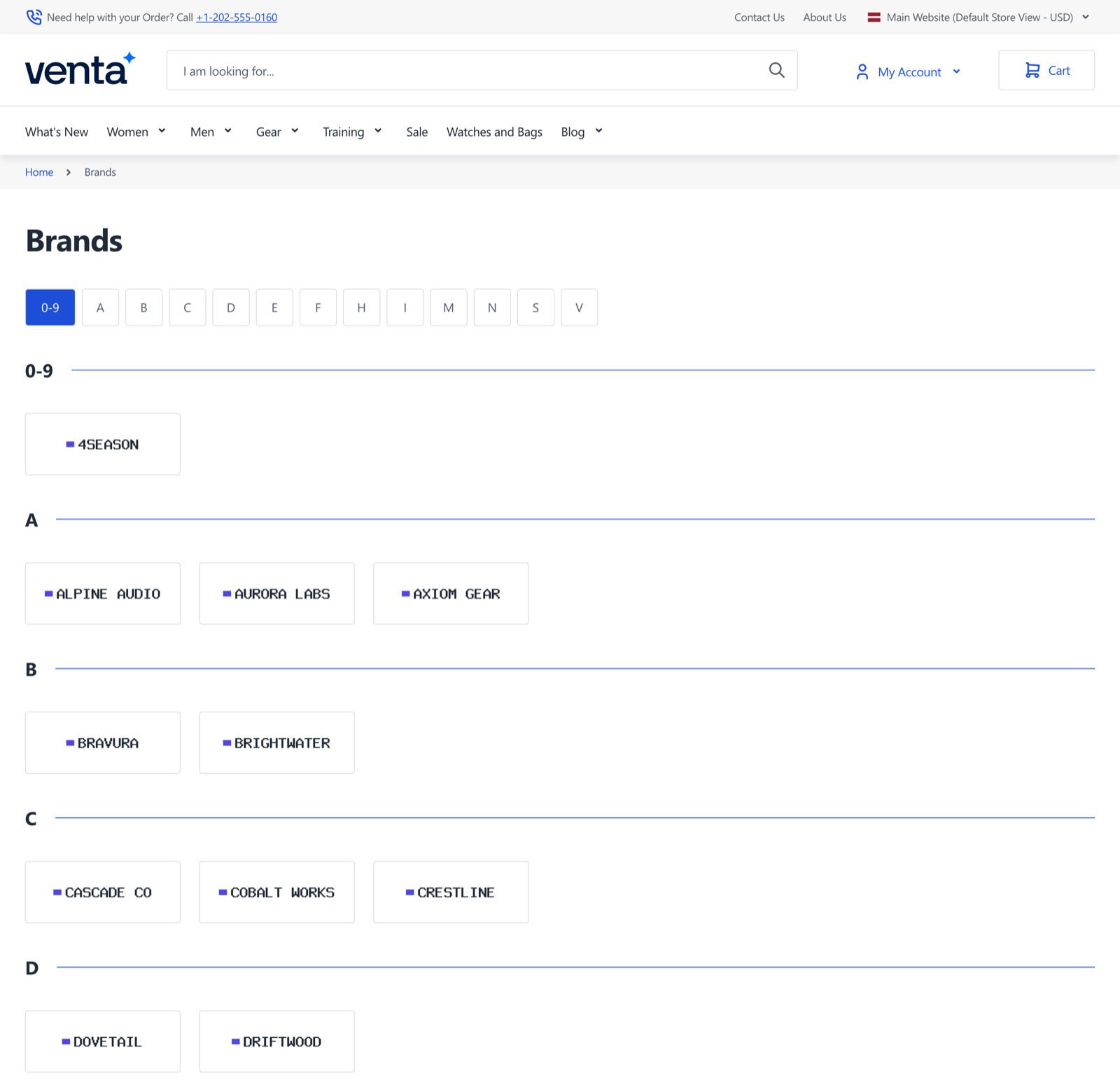 Brand listing page with letter navigation