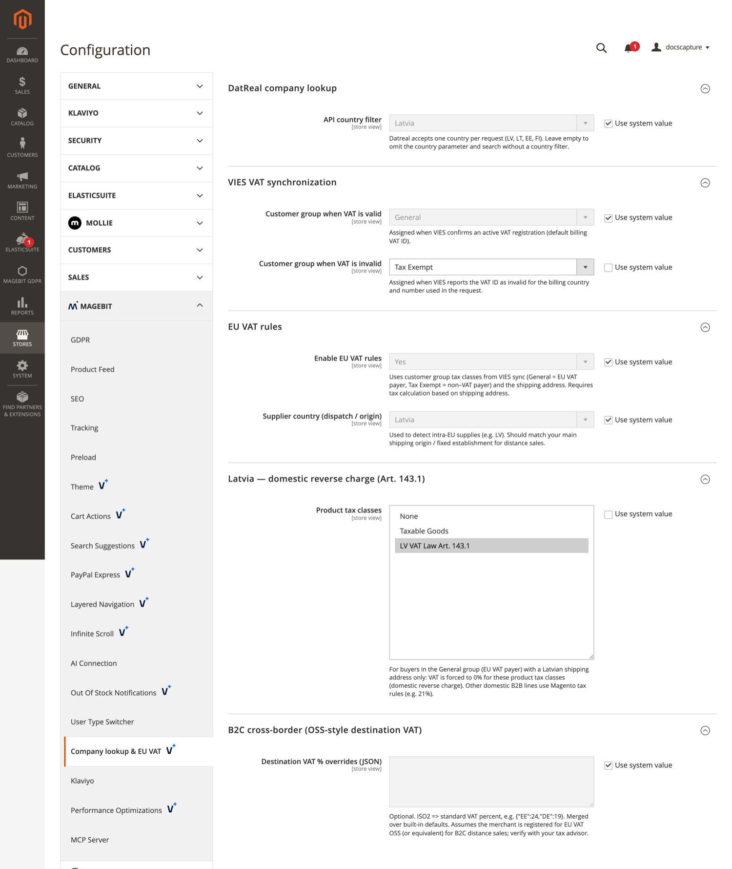 Company lookup and EU VAT configuration section