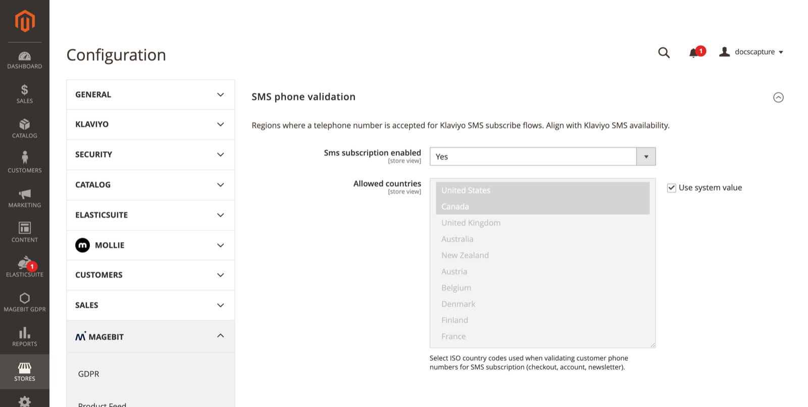 Klaviyo SMS phone validation configuration, with only US and Canada selected