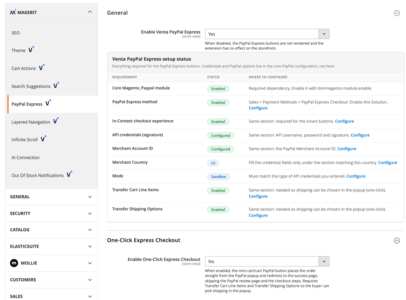 Venta PayPal Express settings and setup status