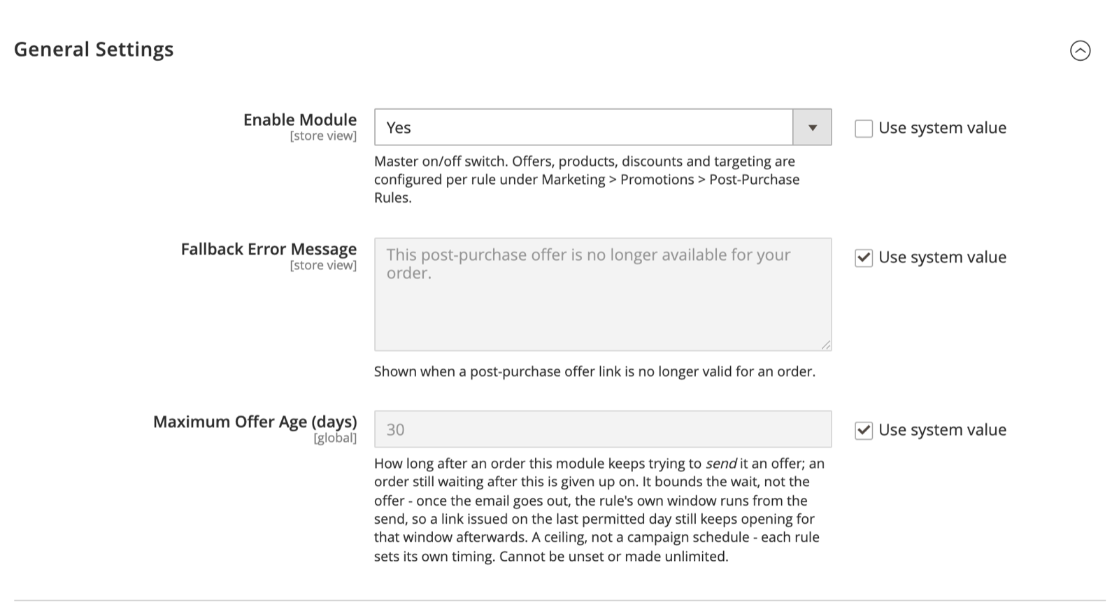 General Settings group of the Post Purchase configuration