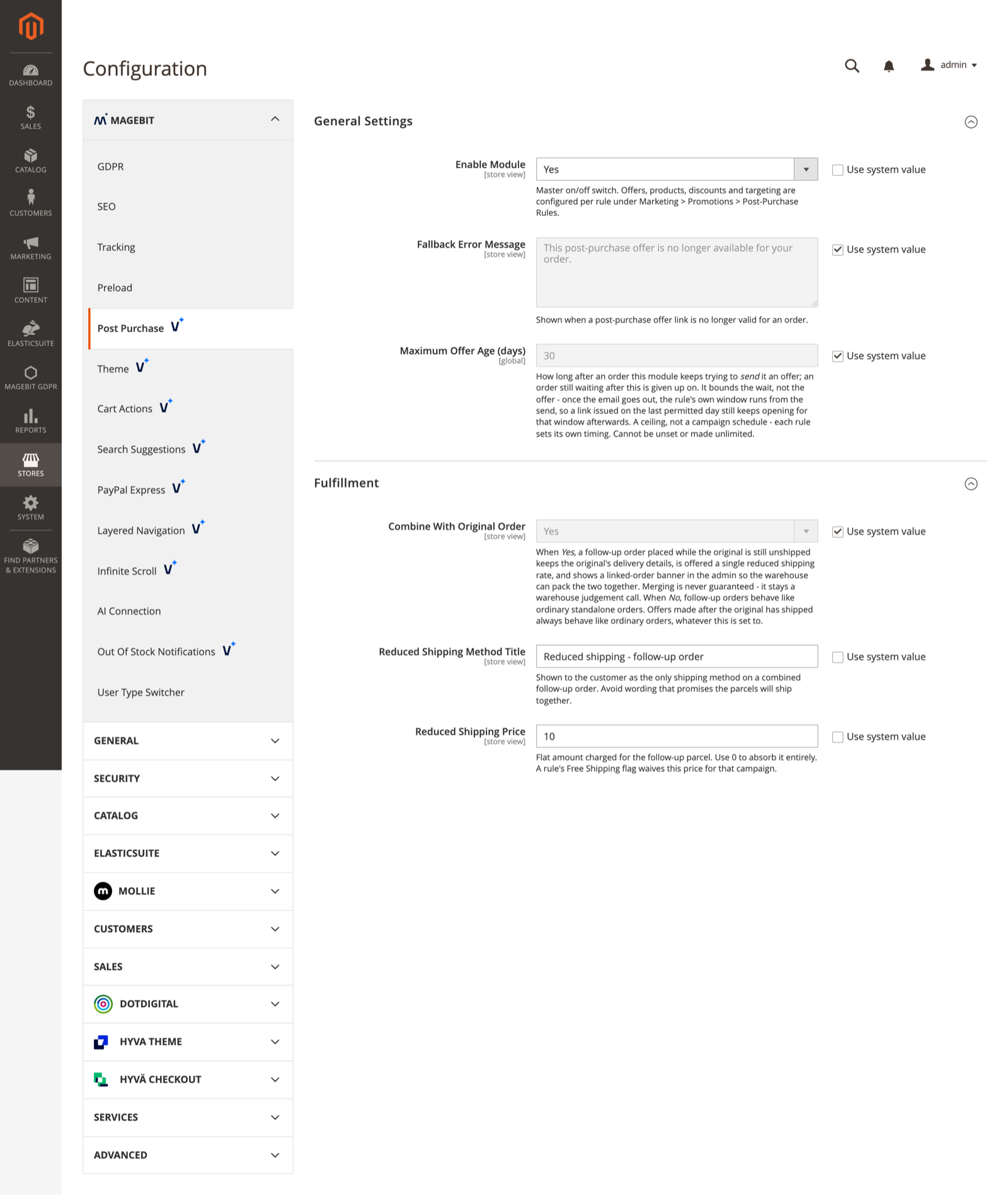 Post Purchase configuration section in the Magento admin