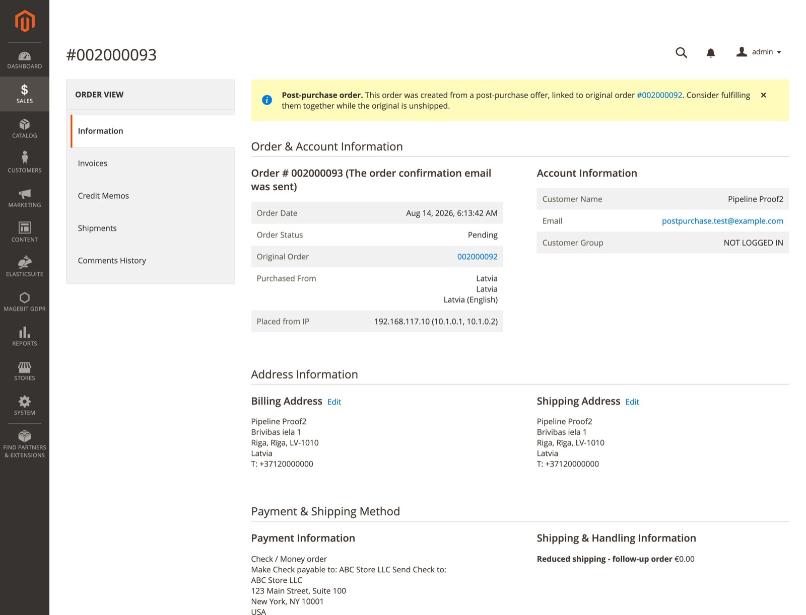 Follow-up order in the admin, showing the linked-order banner and the reduced shipping method