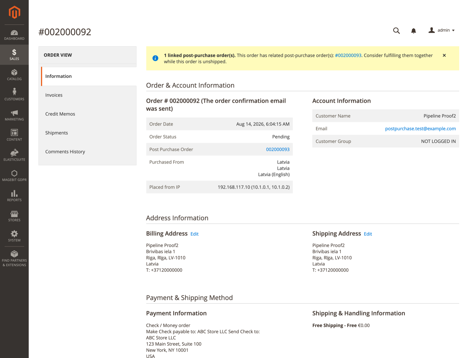 Original order in the admin, naming its linked post-purchase order