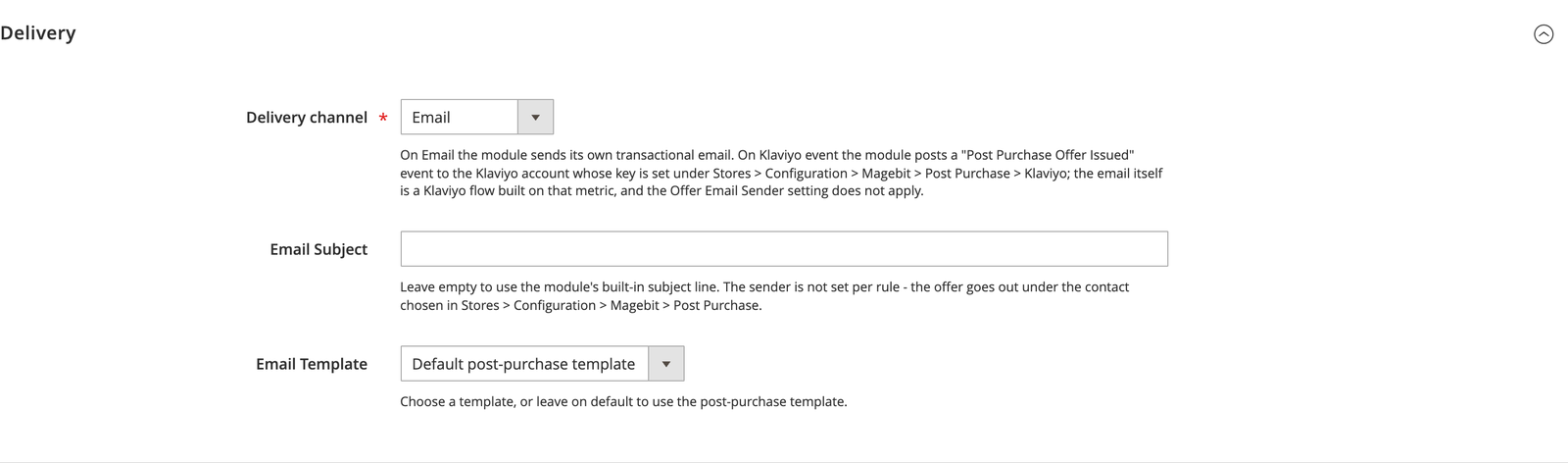 Delivery fieldset of a post-purchase rule