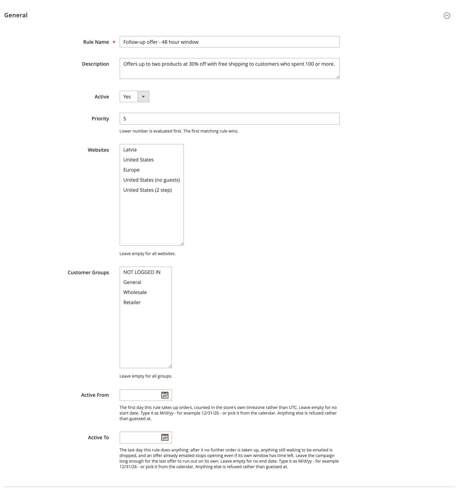 General fieldset of a post-purchase rule