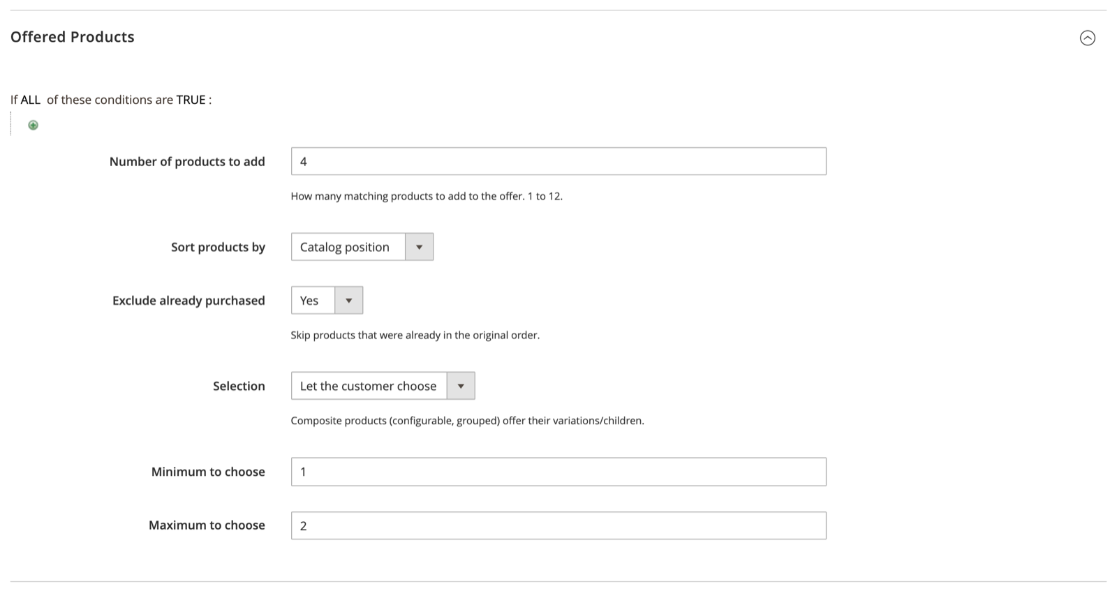 Offered Products fieldset of a post-purchase rule