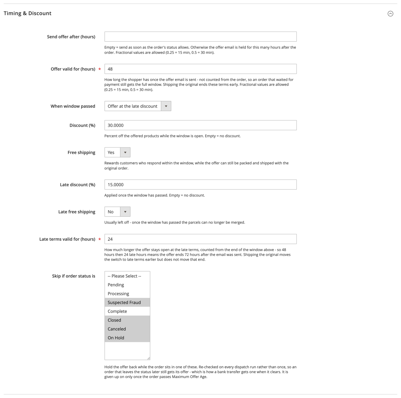 Timing and Discount fieldset of a post-purchase rule