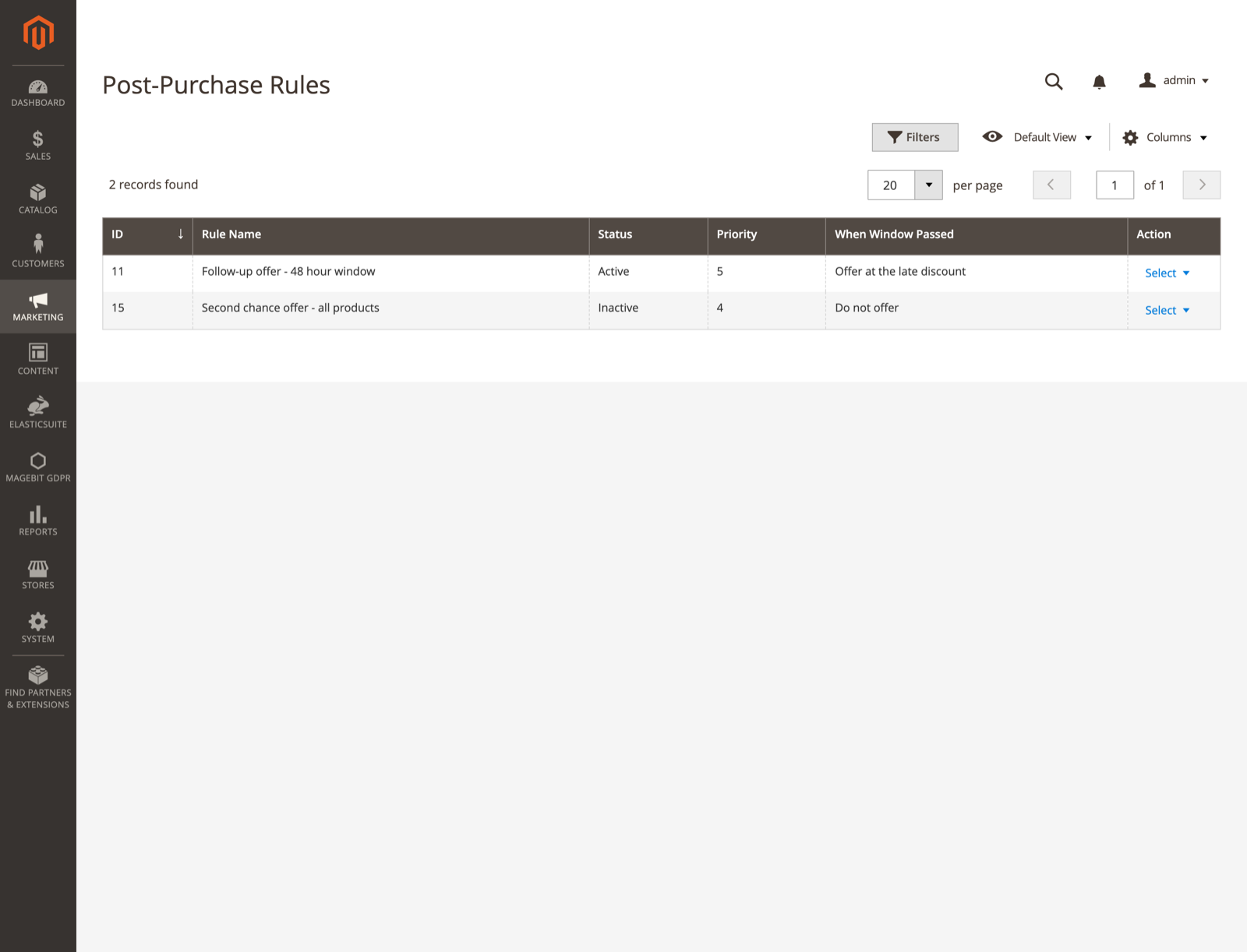 Post-Purchase Rules grid