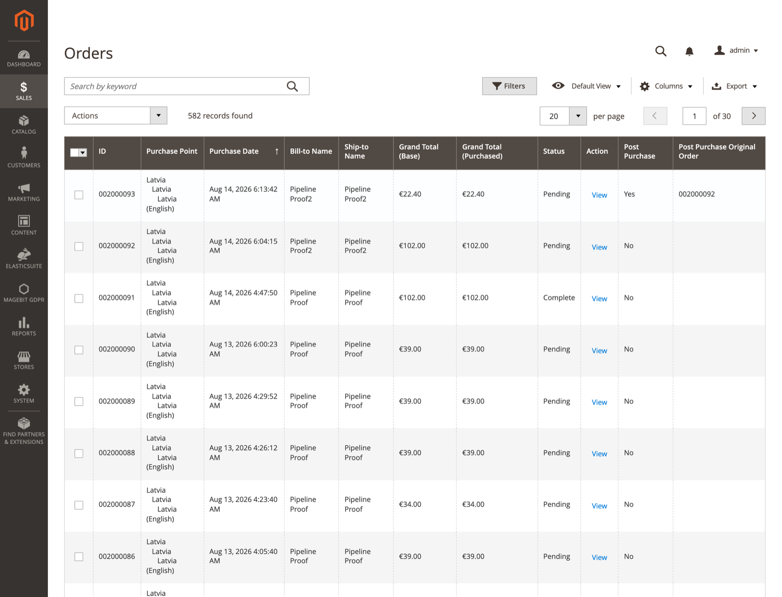 Sales order grid with the Post Purchase columns switched on