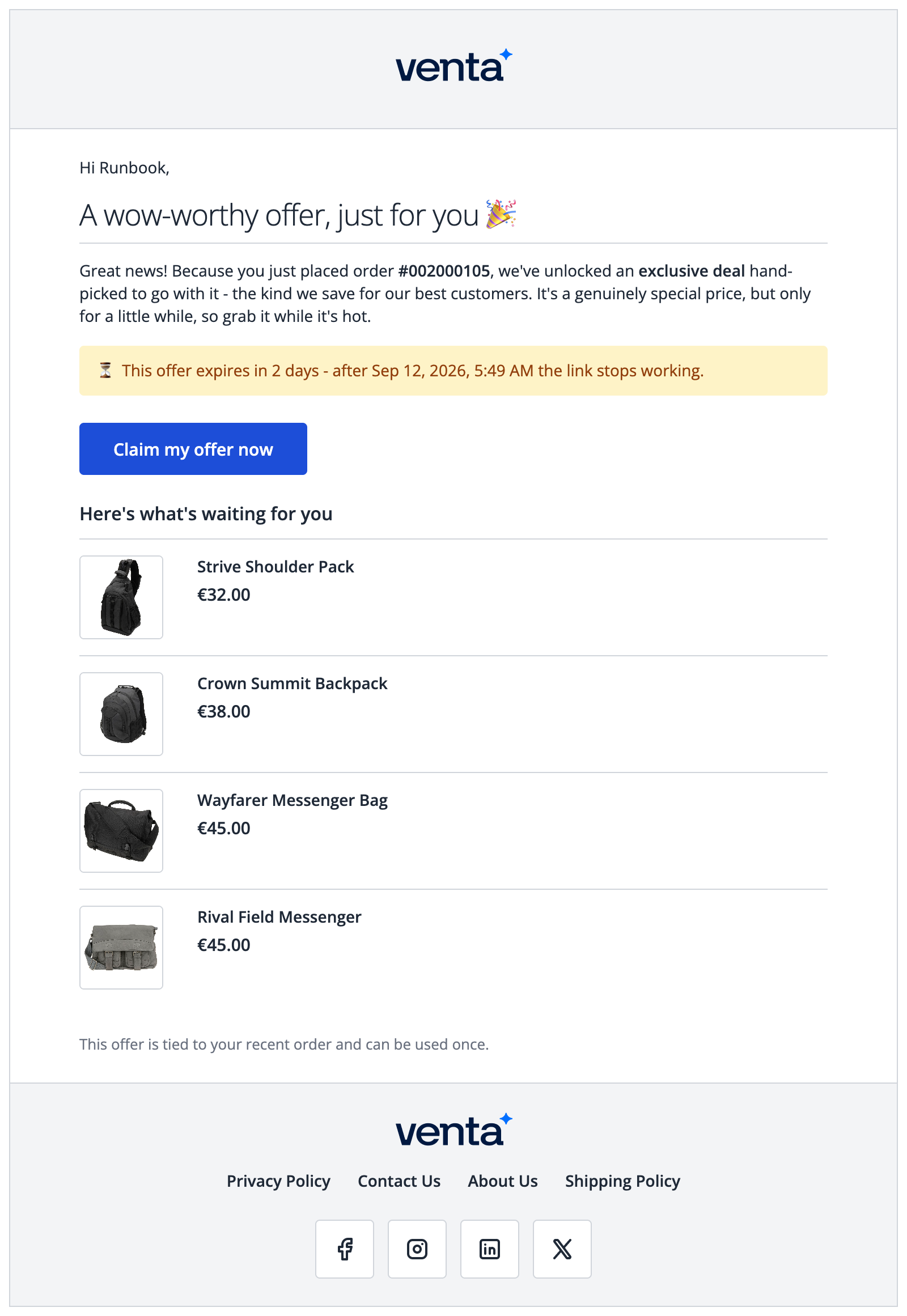 The default post-purchase offer email as delivered to a customer, showing the greeting, the order number, the expiry notice, the call to action and the offered products with prices