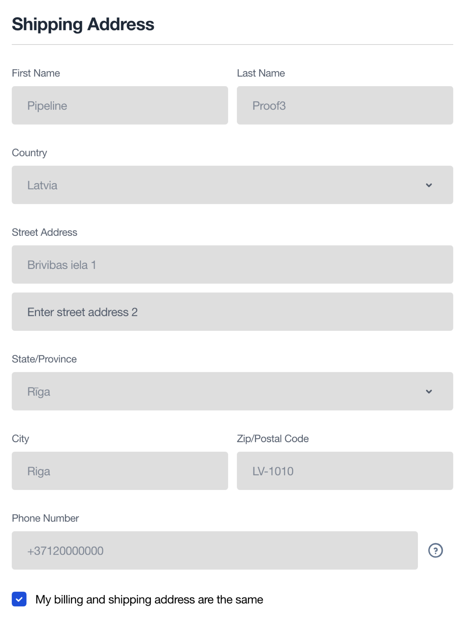 Checkout on a combined follow-up order, with the delivery details greyed out and carried over from the original order