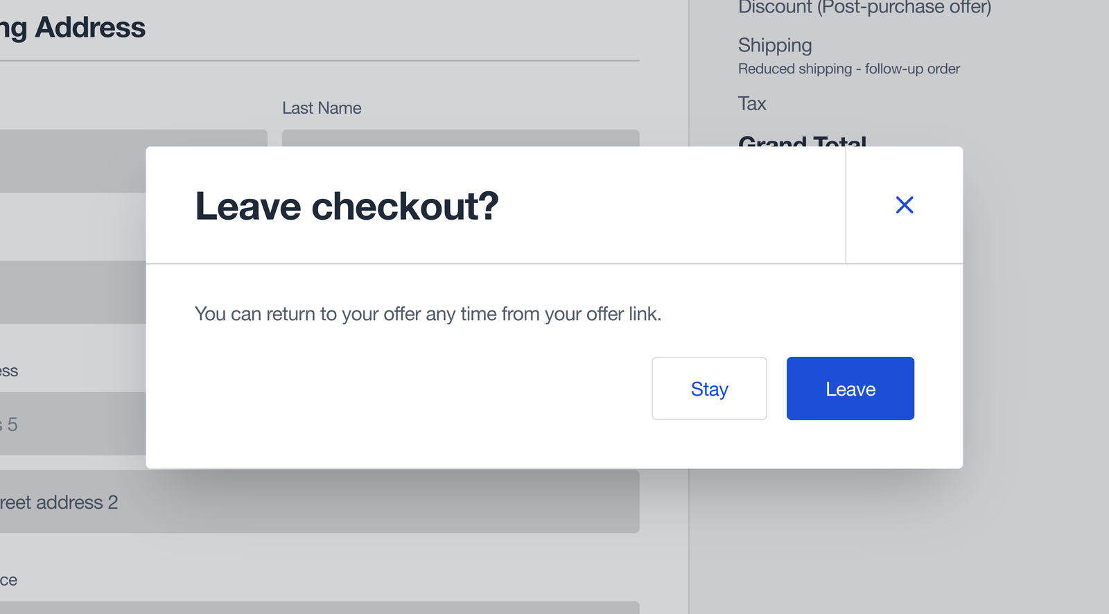 The leave-checkout warning on Venta's checkout, offering Stay or Leave