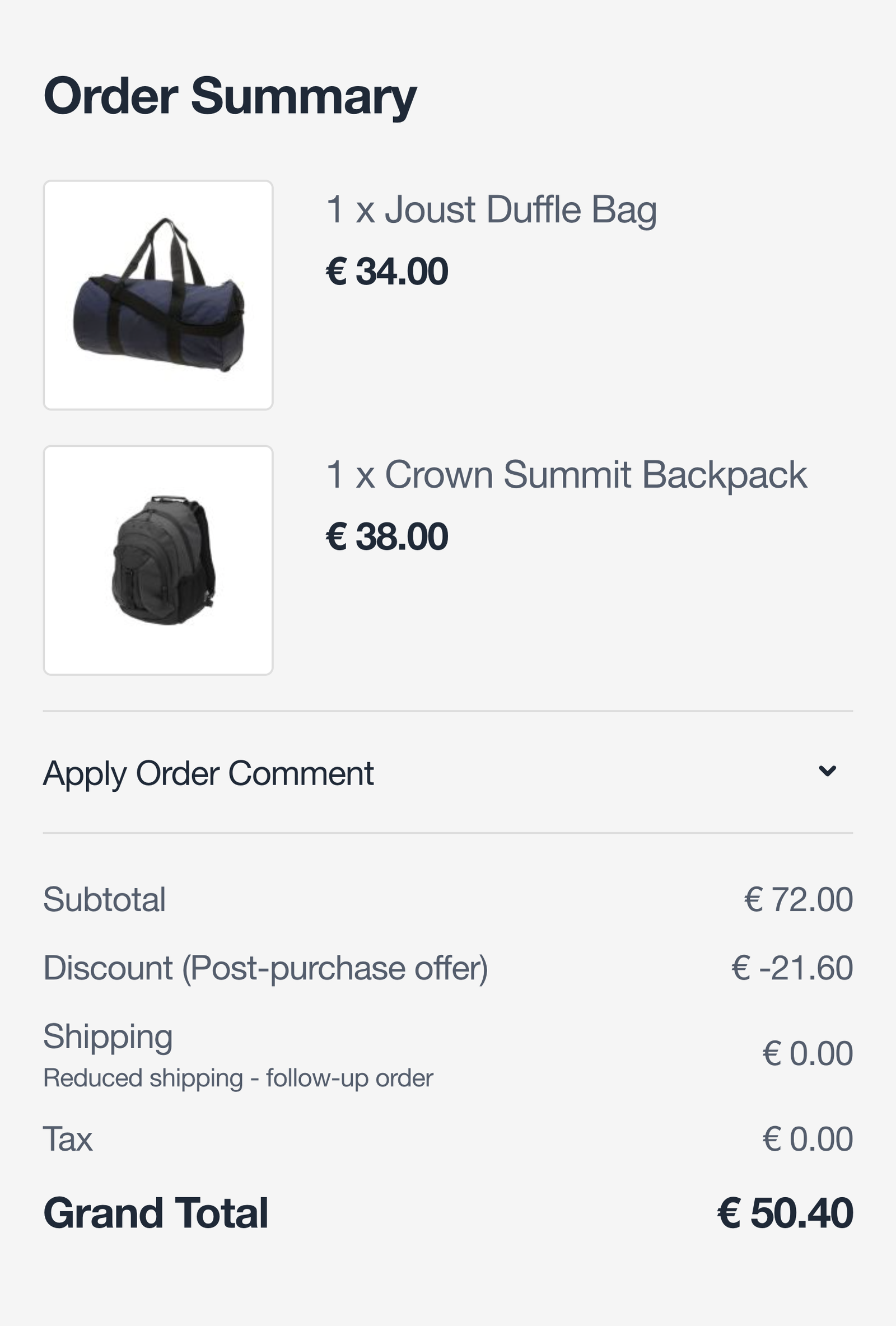 Checkout order summary on an offer, showing the offered products, the rule's discount on its own Post-purchase offer line, and no discount-code field