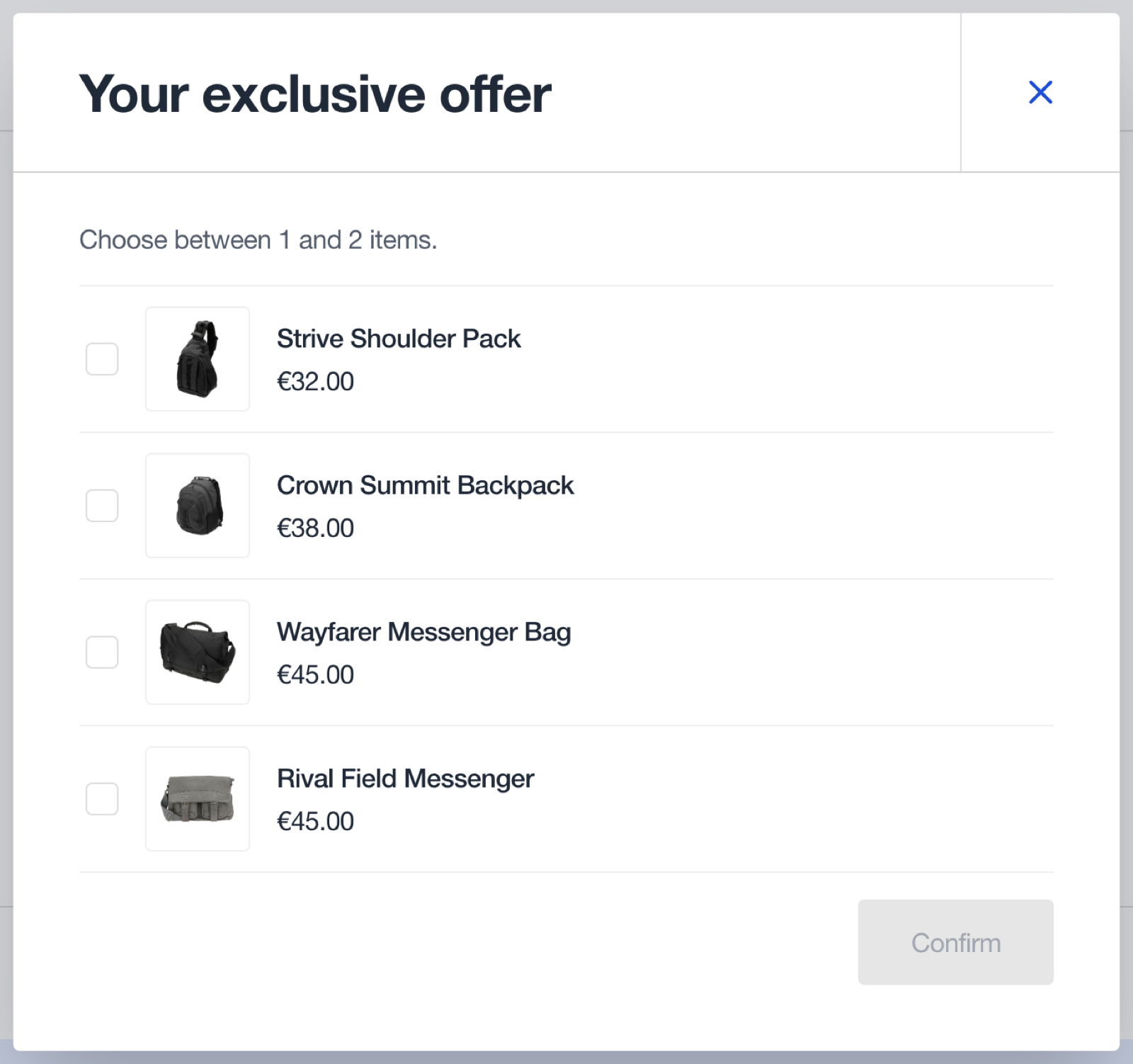 Offer selection dialog on the storefront cart page