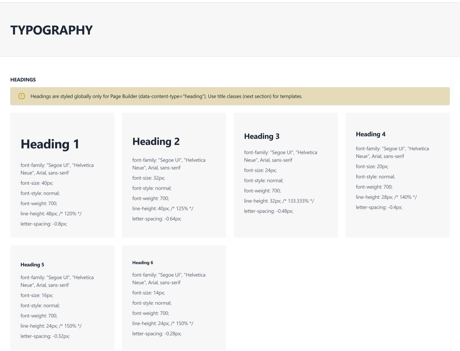 Typography section of the style guide