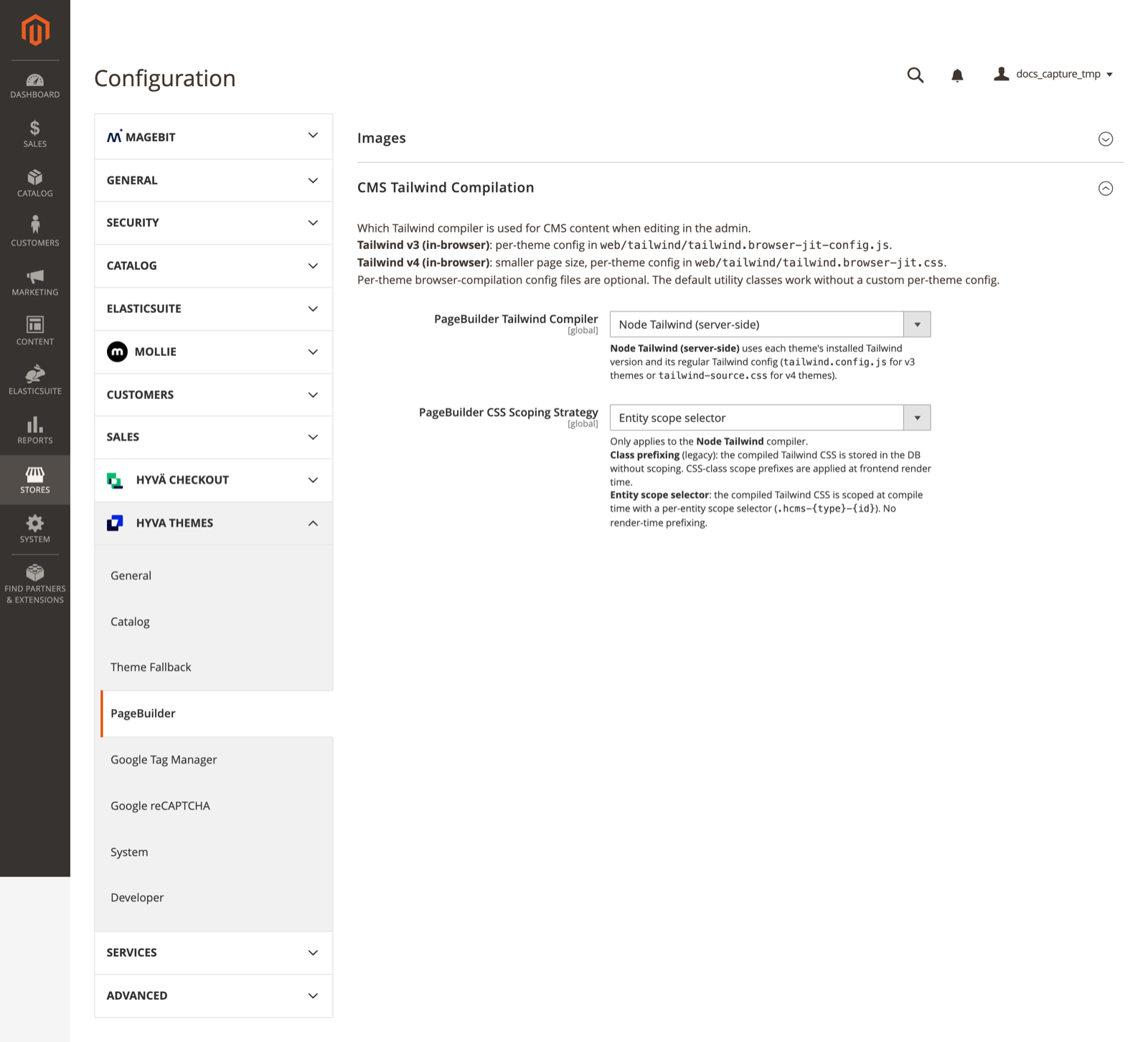 PageBuilder Tailwind Compiler set to Node Tailwind (server-side) and CSS Scoping Strategy set to Entity scope selector